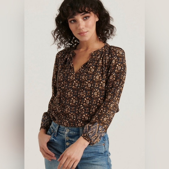 Lucky Brand Emi border print peasant top - Picture 1 of 7